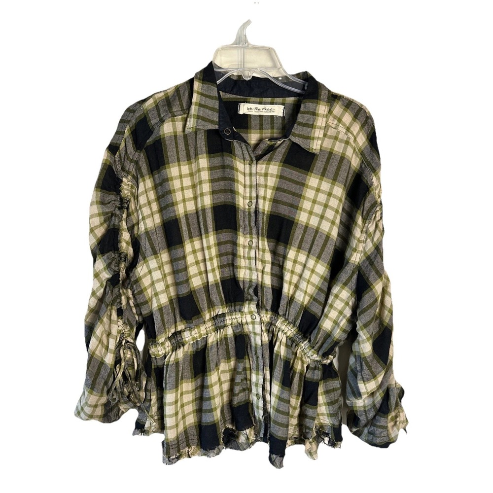 Free People Pacific Dawn Woman Sz Small Black Yellow Plaid Shirt Drawstring